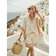 Women's Short Sleeve V-Neck Two Piece Shorts | OWNLUXE