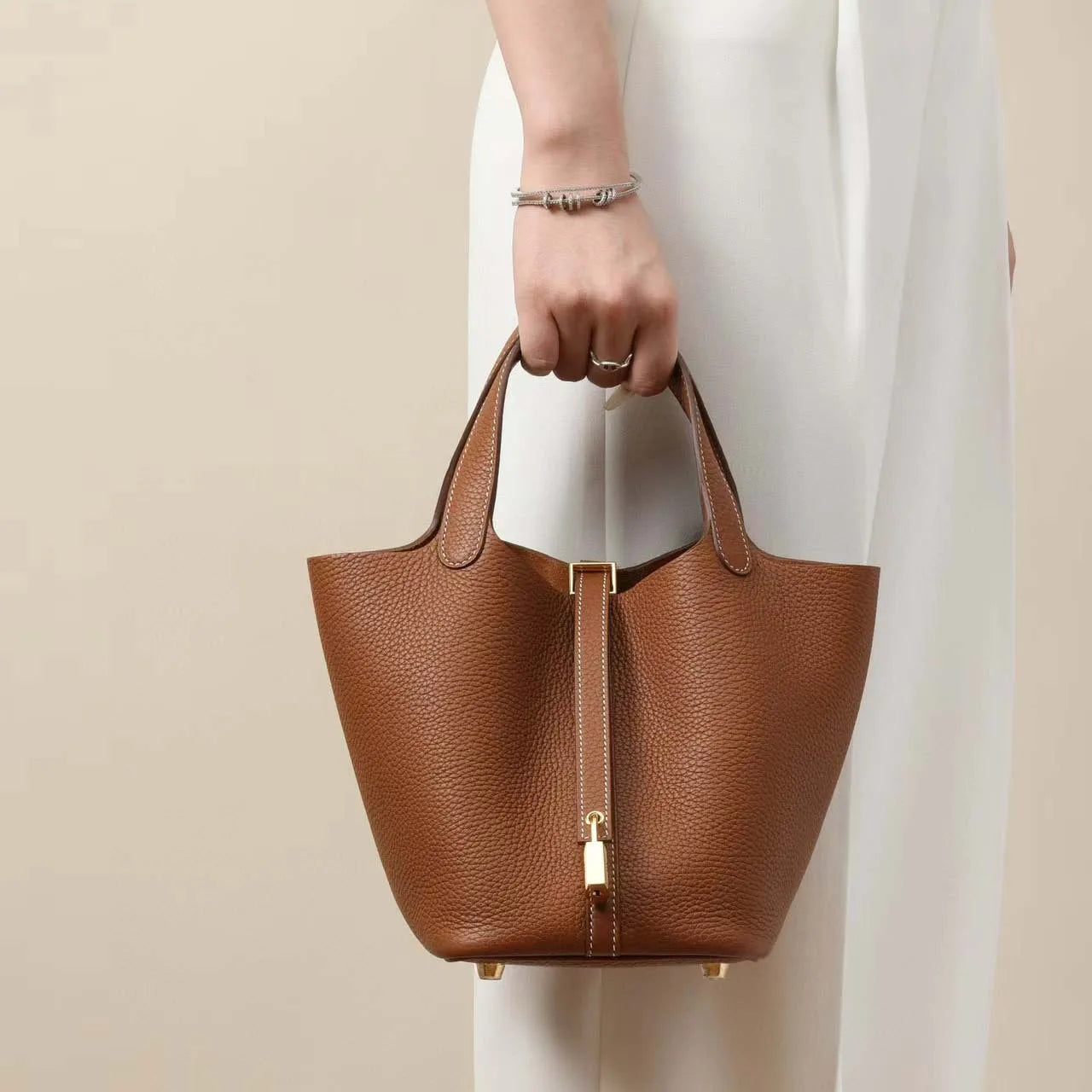 Genuine Cowhide Leather Bucket Bag - Fashion Lock Handbag with Phone Pocket | OWNLUXE