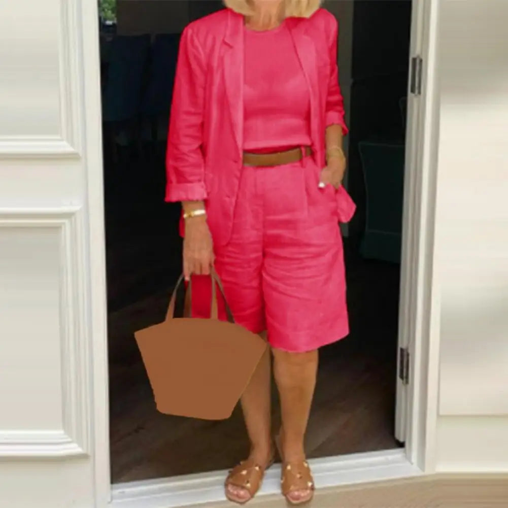 Classic Loose Fit Cotton Blend Outfit – Single-Breasted Coat & Elastic Waist Shorts