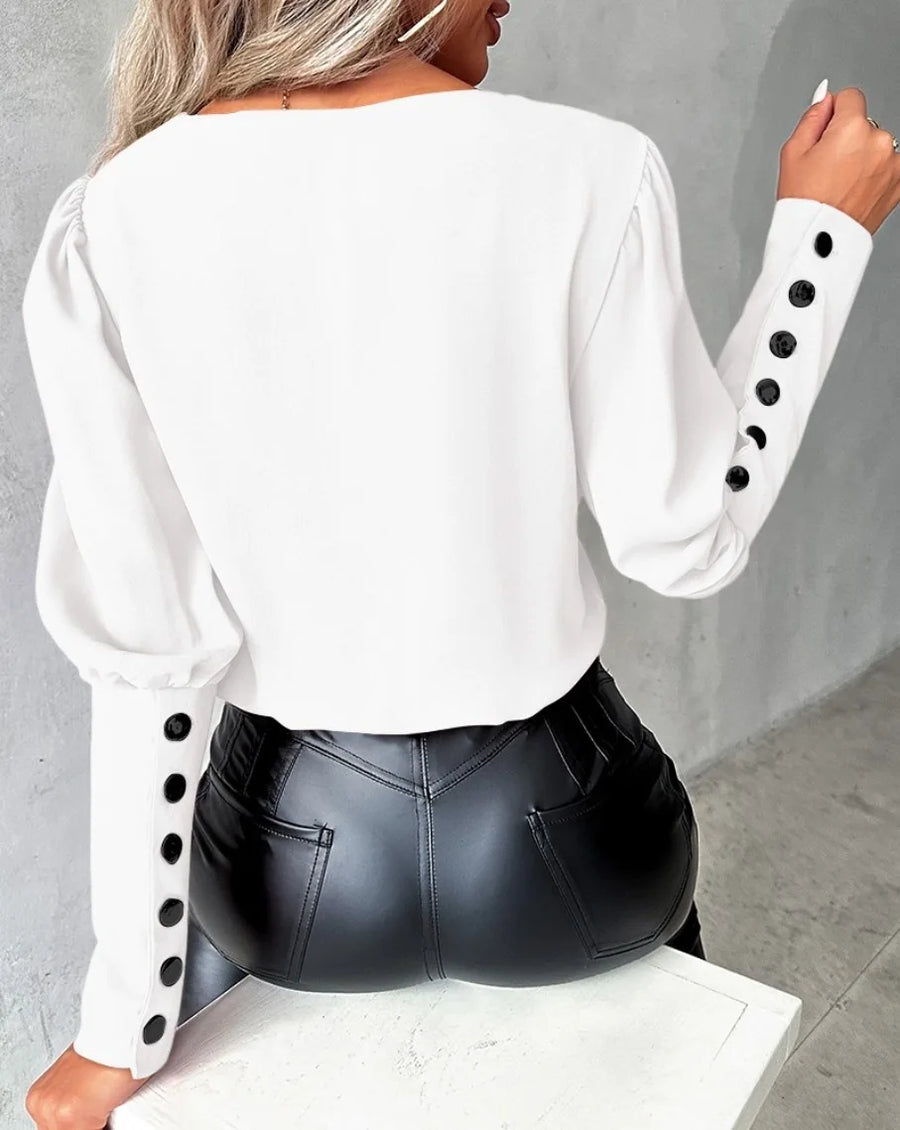 Lace V-Neck Relaxed-Fit Long-Sleeve Blouse | OWNLUXE