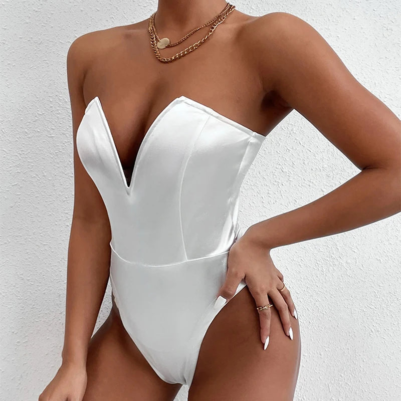 Deep V Neck Bodysuit Shapewear - Thong Waist Shaper with Underwire