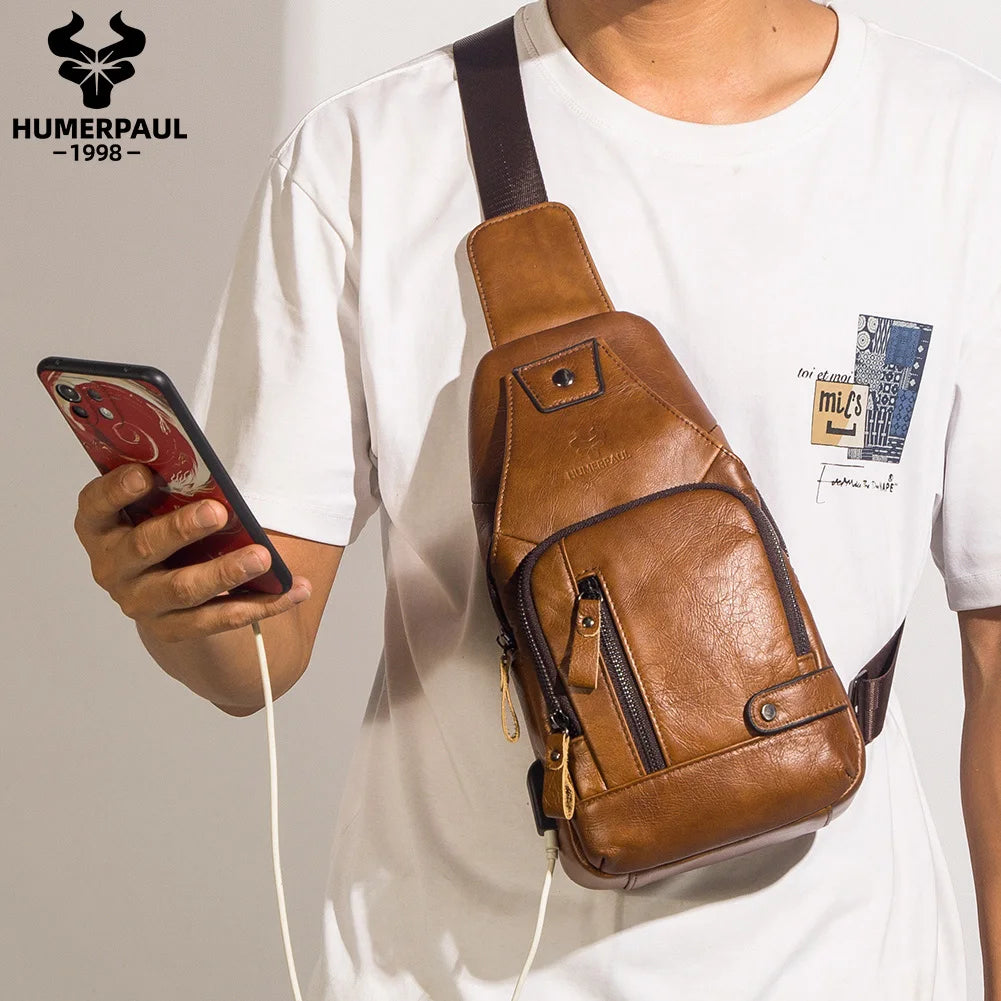 Men's Genuine Leather USB Chest Bag - Crossbody Messenger with USB Port | OWNLUXE