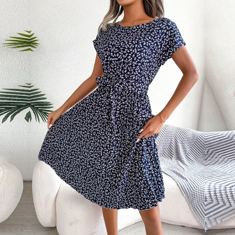 Floral Print Ruched A-Line Pantai Leher | OWNLUXE