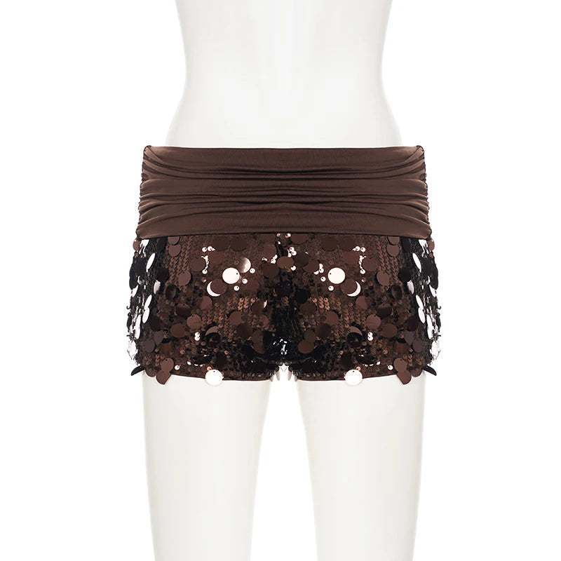 Women's Sequin Shorts With Folds Waist Glittery Brown Club Wear Low Waisted Sparkle Shorts for Party Fashionable Streetwear Chic