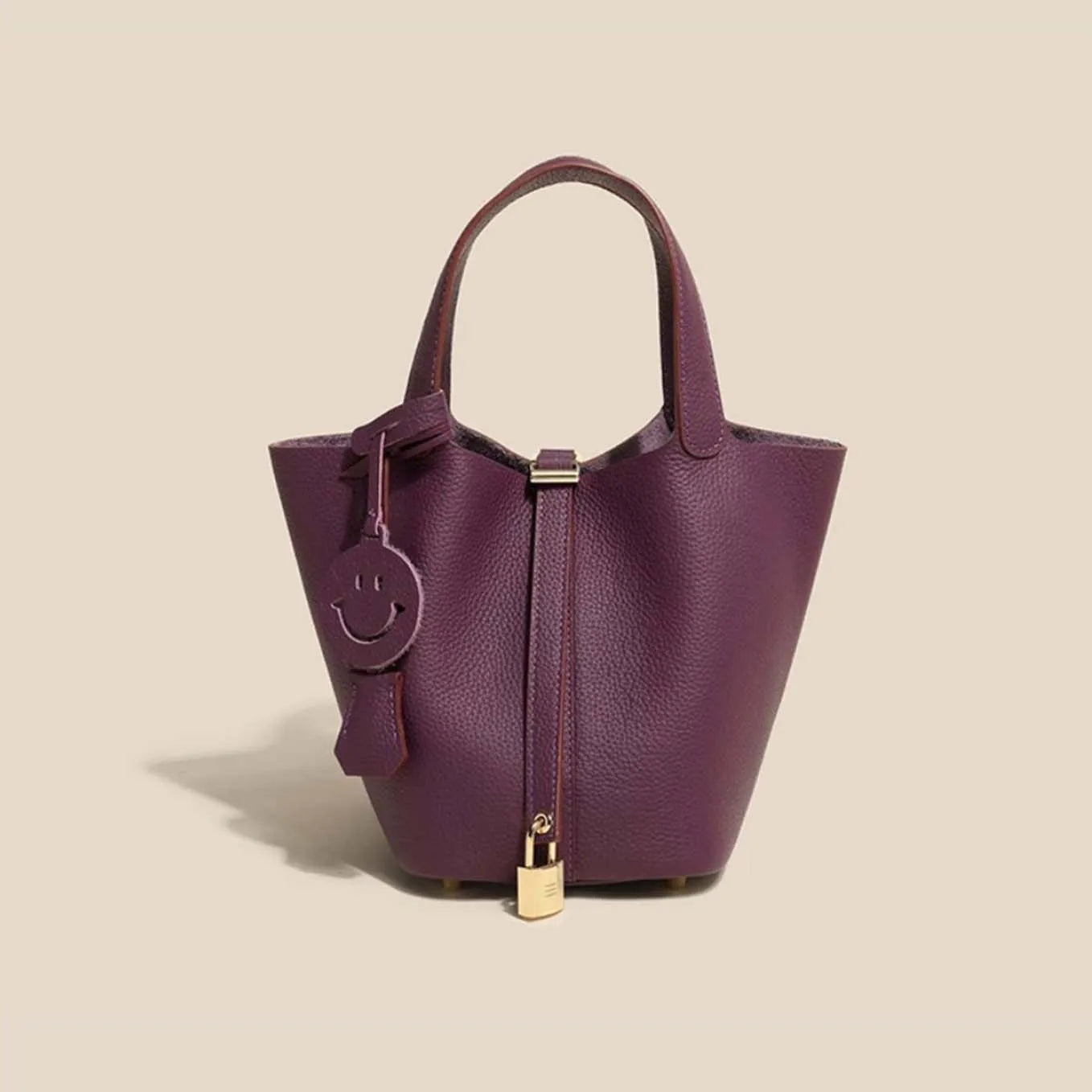 Genuine Cowhide Leather Bucket Bag - Fashion Lock Handbag with Phone Pocket | OWNLUXE