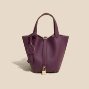 Genuine Cowhide Leather Bucket Bag - Fashion Lock Handbag with Phone Pocket | OWNLUXE