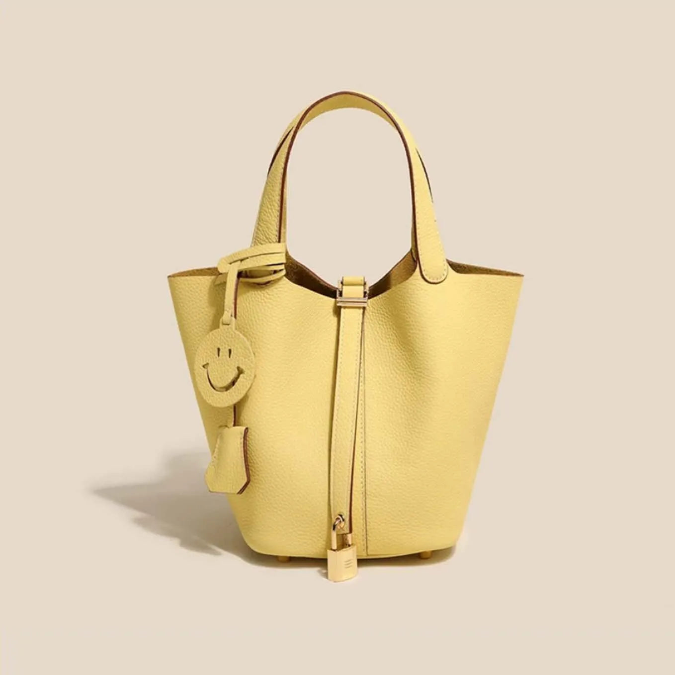 Genuine Cowhide Leather Bucket Bag - Fashion Lock Handbag with Phone Pocket | OWNLUXE