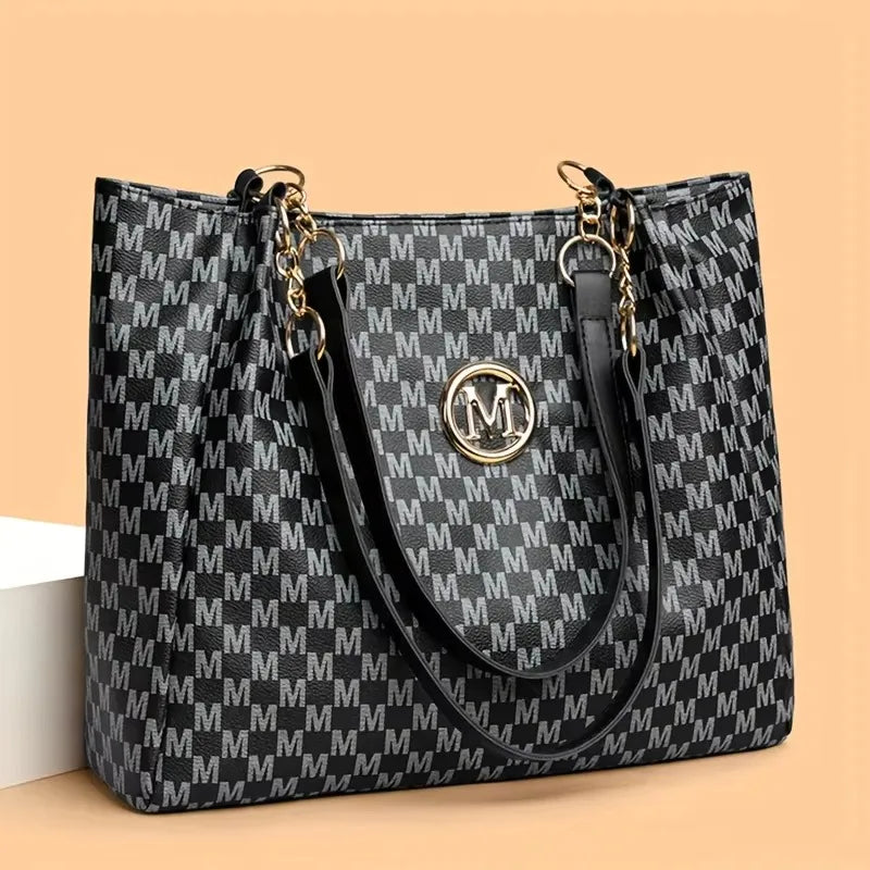Vintage Letter Pattern PU Leather Tote Bag - Soft Shoulder Bag for Women