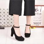 Load image into Gallery viewer, Spring Women Pumps Flock Sweet Thick High Heels Ankle Strap Female Platform Classic Round Toe Dress Cute Shoes Ladies Footwear
