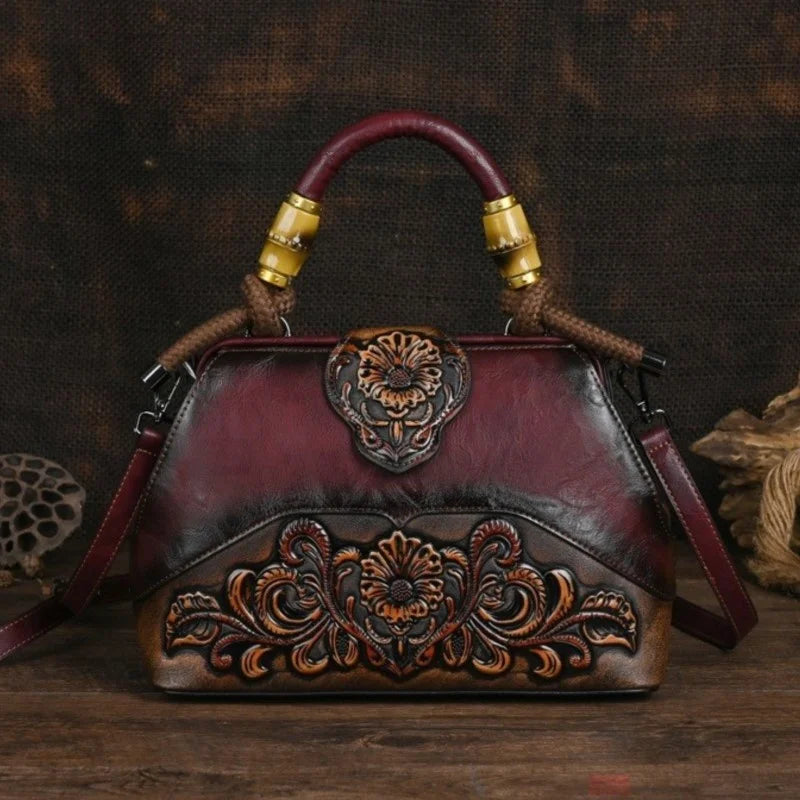 Vintage Carved Leather Handbag - Handmade Luxury Shoulder Bag