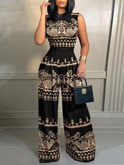 Wide-Leg Printed Sleeveless Jumpsuit | OWNLUXE