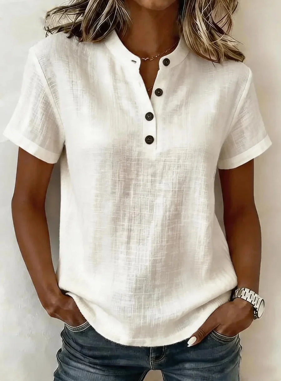 Women's Short Sleeve Button Front Relaxed Fit Top | OWNLUXE