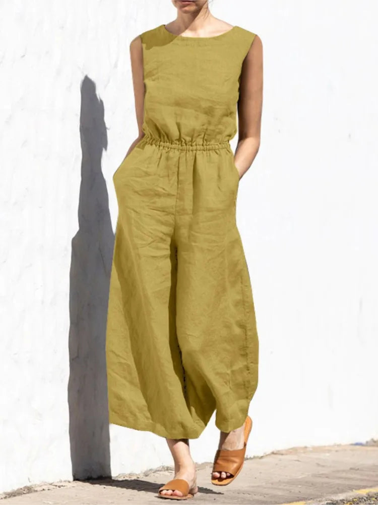 High Waist Cotton Linen Jumpsuit – Wide Leg Ankle-Length