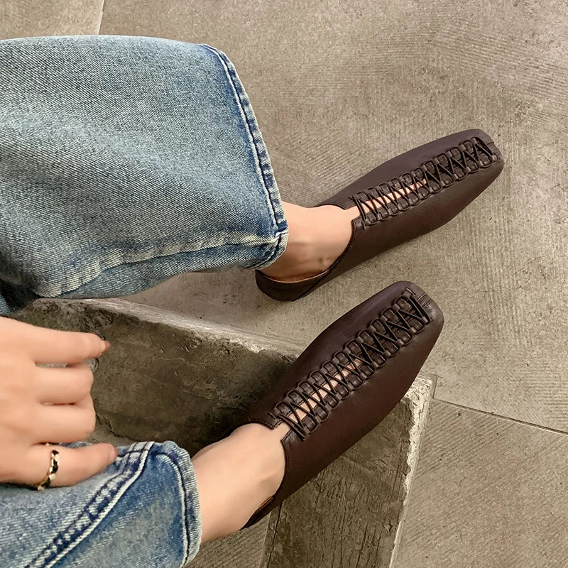 Women's Square Toe Low Heel Leather Flats – Shop at OWNLUXE