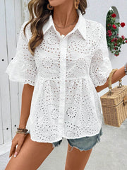 Embroidered Short-Sleeve Ruffle Blouse | OWNLUXE