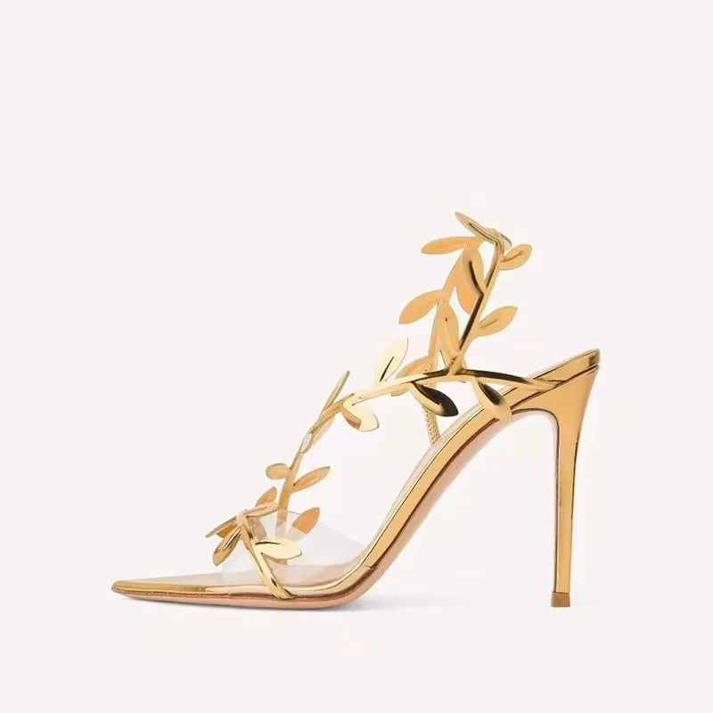 Gold Leaf Gladiator Stiletto Sandals with Pointed Toe