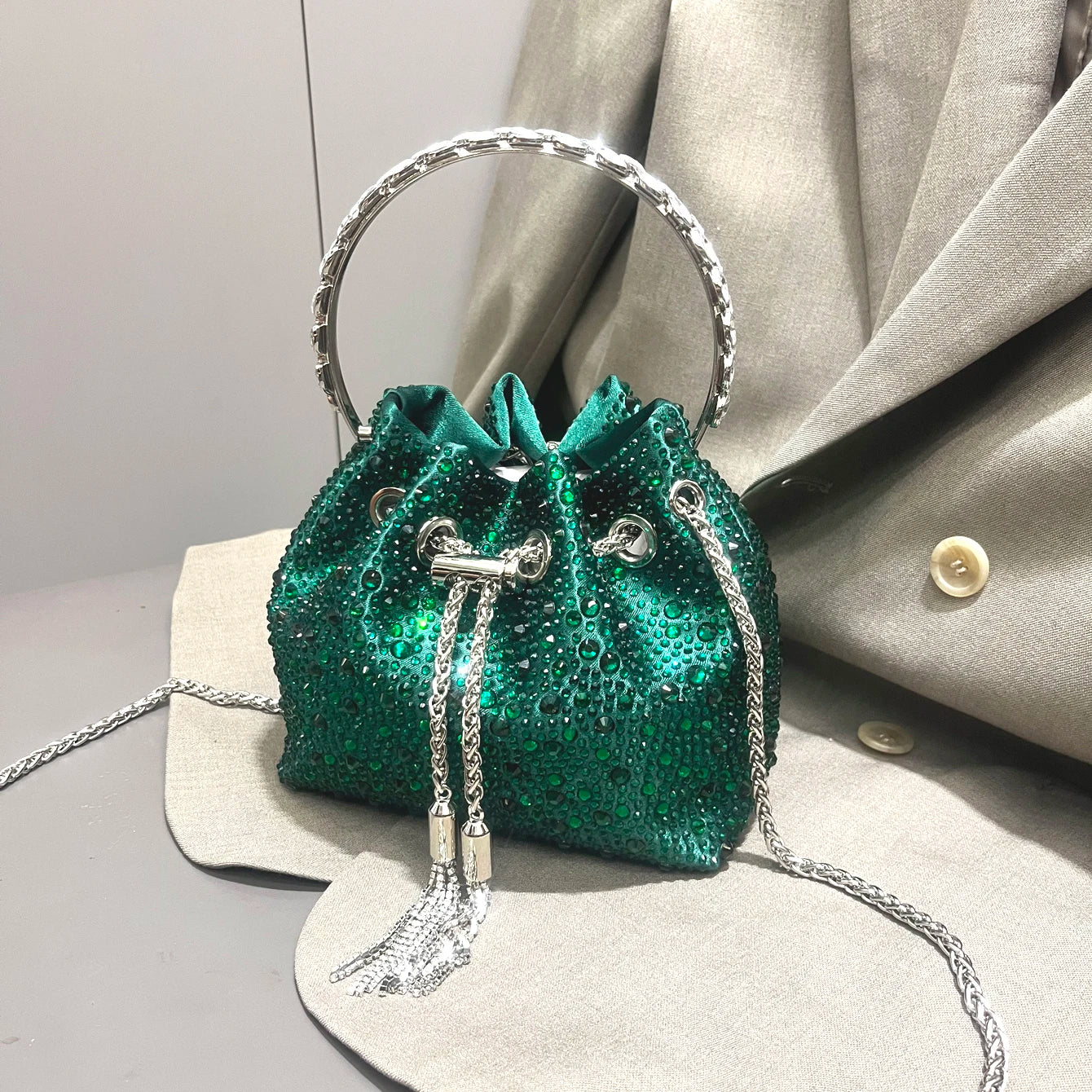 Crystal Bucket Evening Bag (Green Pink) | OWNLUXE