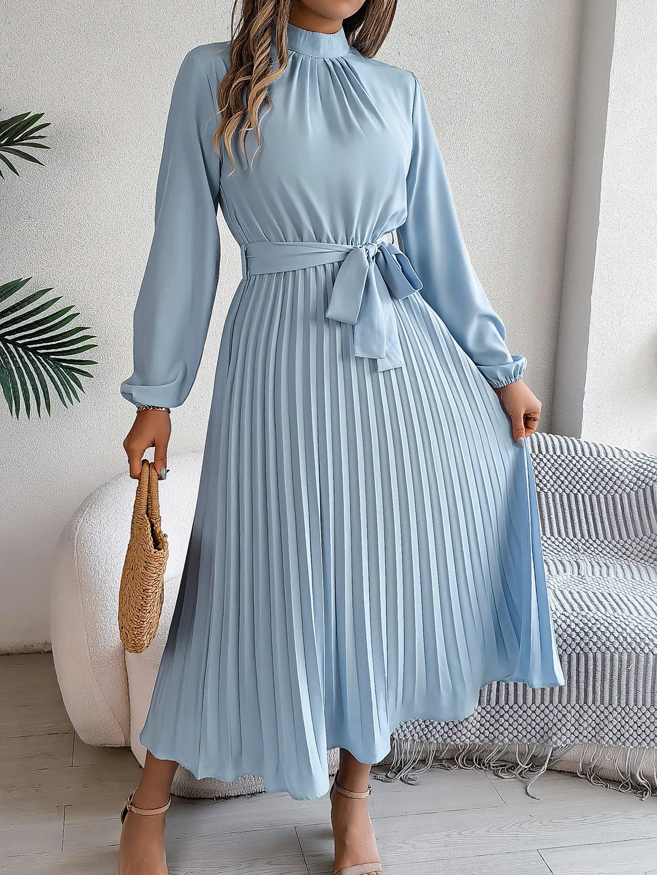 Slim-Fit A-Line Solid Dress with Stand Collar – Ankle-Length, Sashes Detail, Autumn/Winter