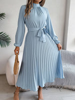 Load image into Gallery viewer, Slim-Fit A-Line Solid Dress with Stand Collar – Ankle-Length, Sashes Detail, Autumn/Winter
