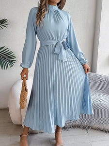 Slim-Fit A-Line Solid Dress with Stand Collar – Ankle-Length, Sashes Detail, Autumn/Winter