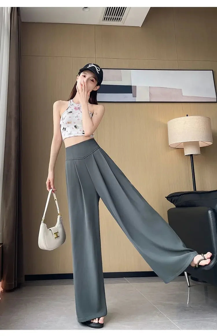 Women's High Waist Wide Leg Suit Pants - Straight Cut Floor Length Trousers