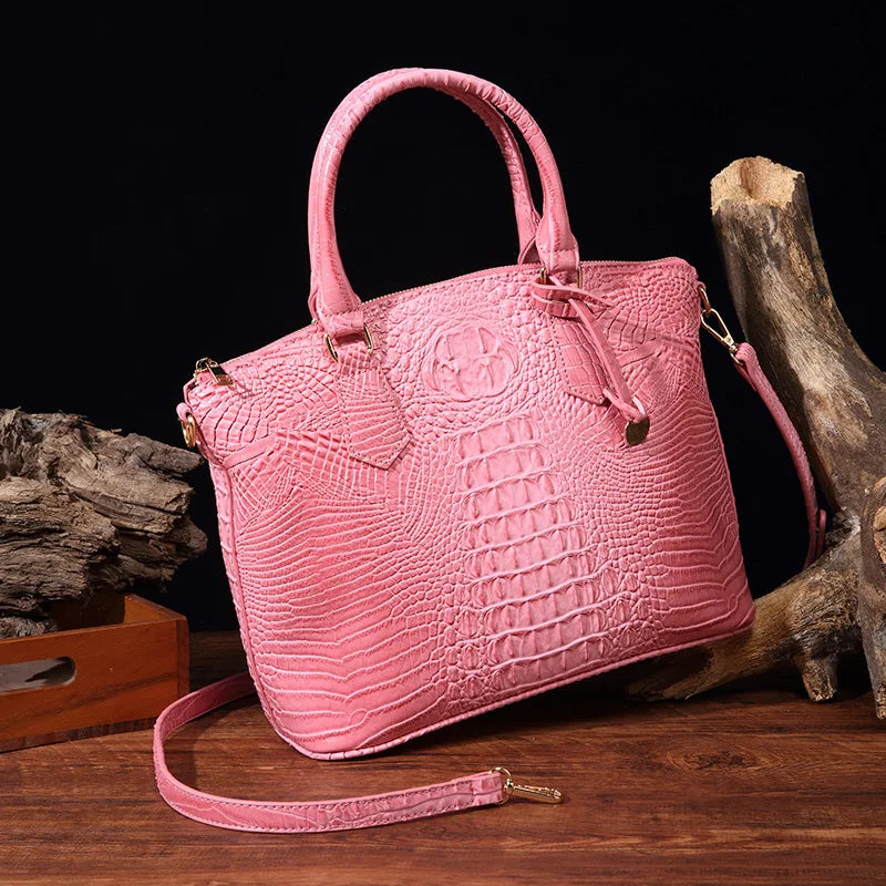 Crocodile Embossed Leather Handbag - Classic Shoulder Bag