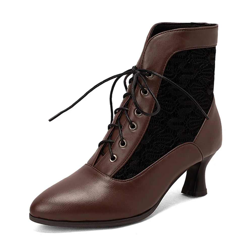 Women’s Retro Lace-Up Ankle Boots – Pointed Toe Hoof Heel