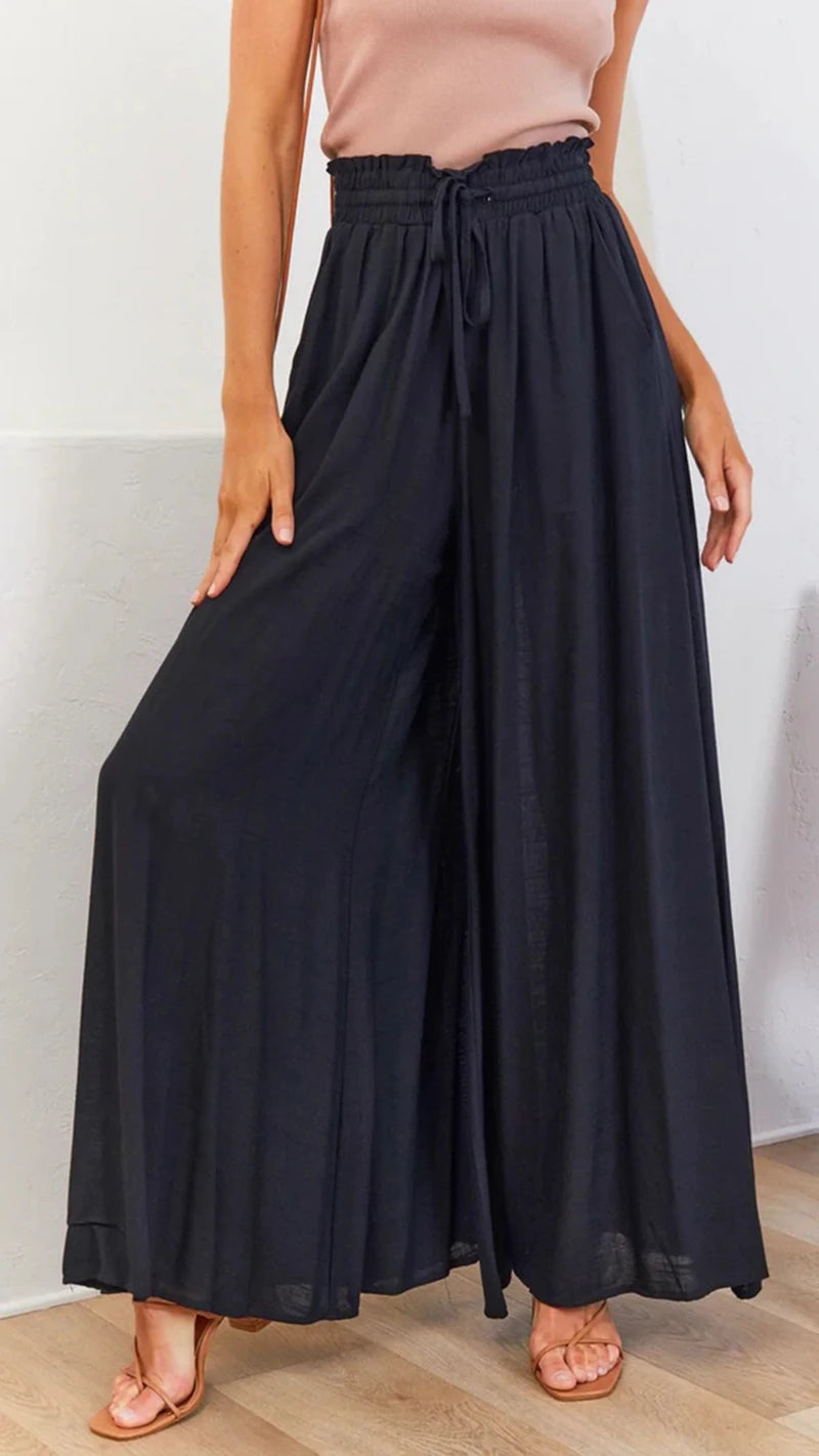 High Waist Wide Leg Pants - Elastic Waistband Summer Trousers