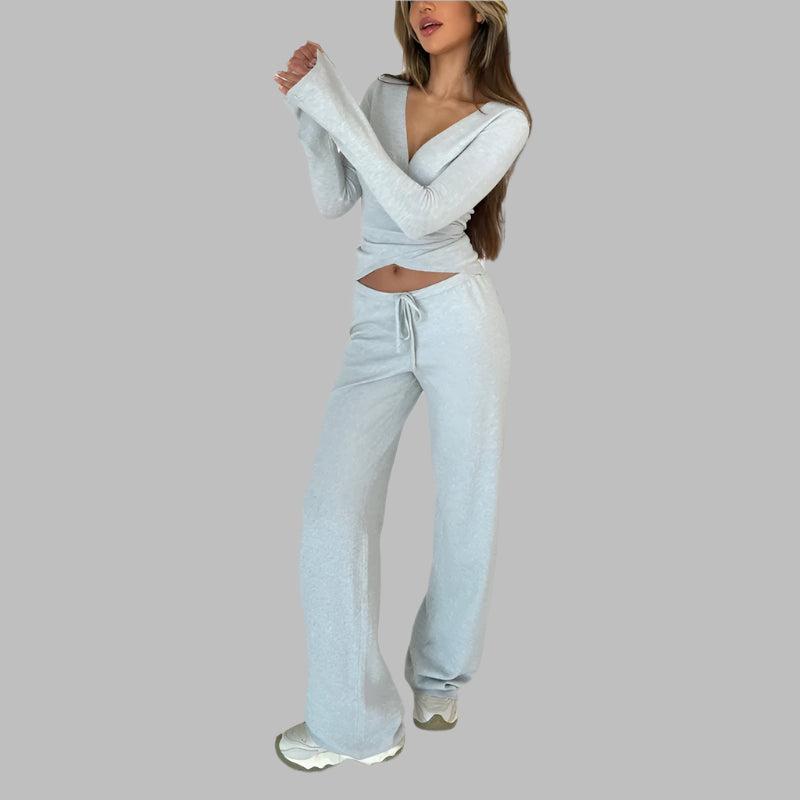Women’s V-Neck Bandage 2-Piece Set – Slim Top & Wide-Leg Pants | Ensemble 2 pièces pour femme – Haut à col en V et pantalon large