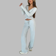 Women’s V-Neck Bandage 2-Piece Set – Slim Top & Wide Pants