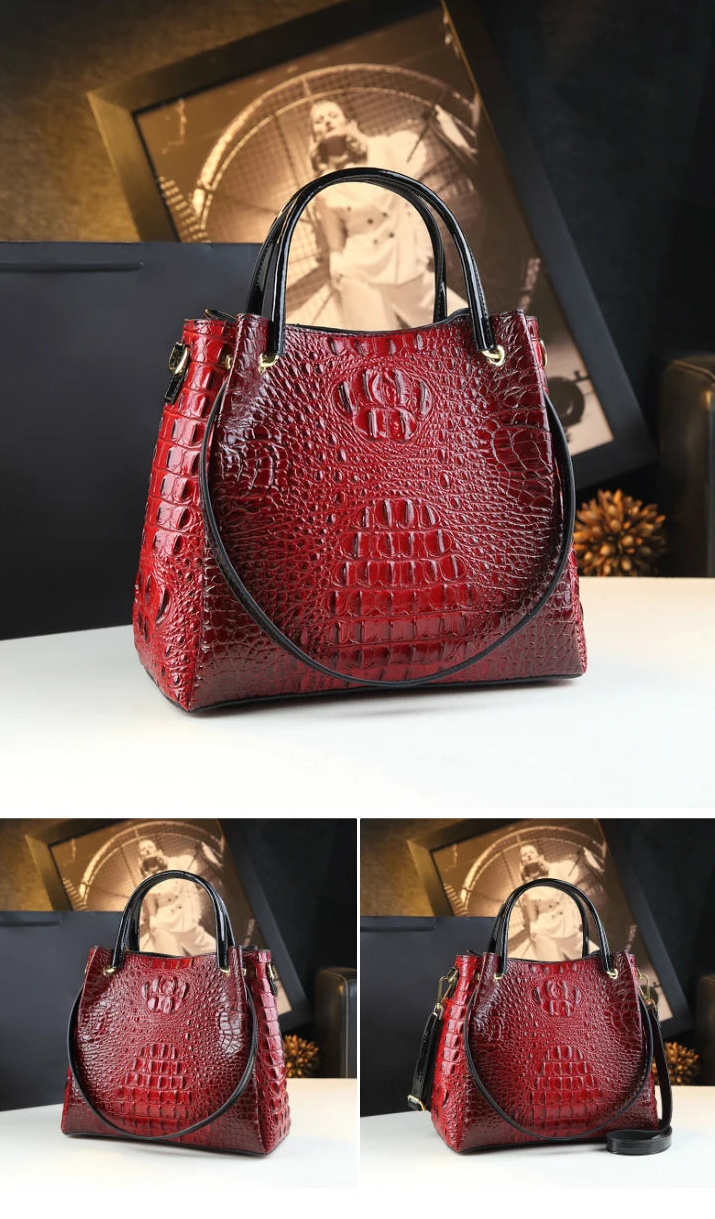 Genuine Leather Crocodile Print Tote - 2025 Trend Bucket Bag
