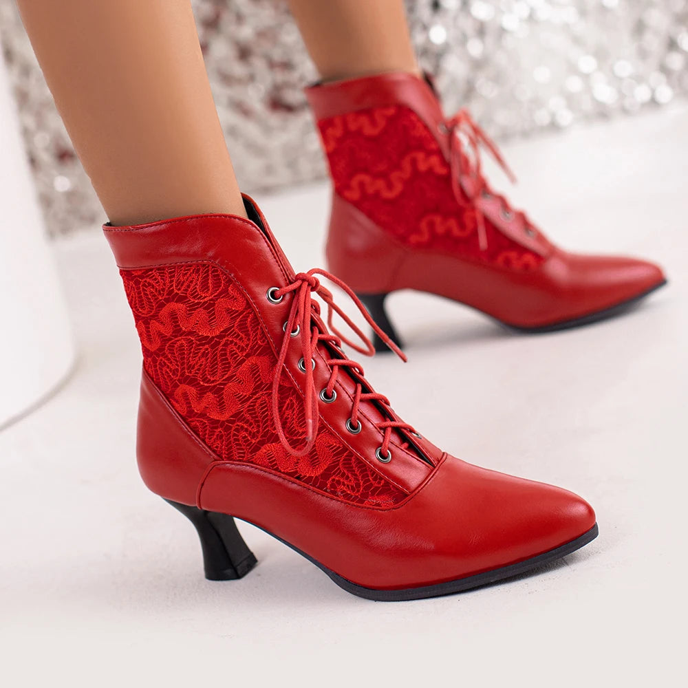 Women’s Retro Lace-Up Ankle Boots – Pointed Toe Hoof Heel