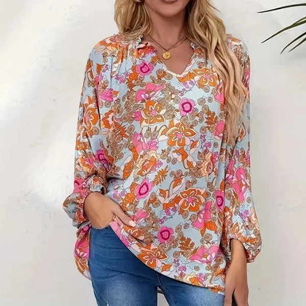 Floral V-Neck Extended-Size Ruffle Top – Shop at OWNLUXE