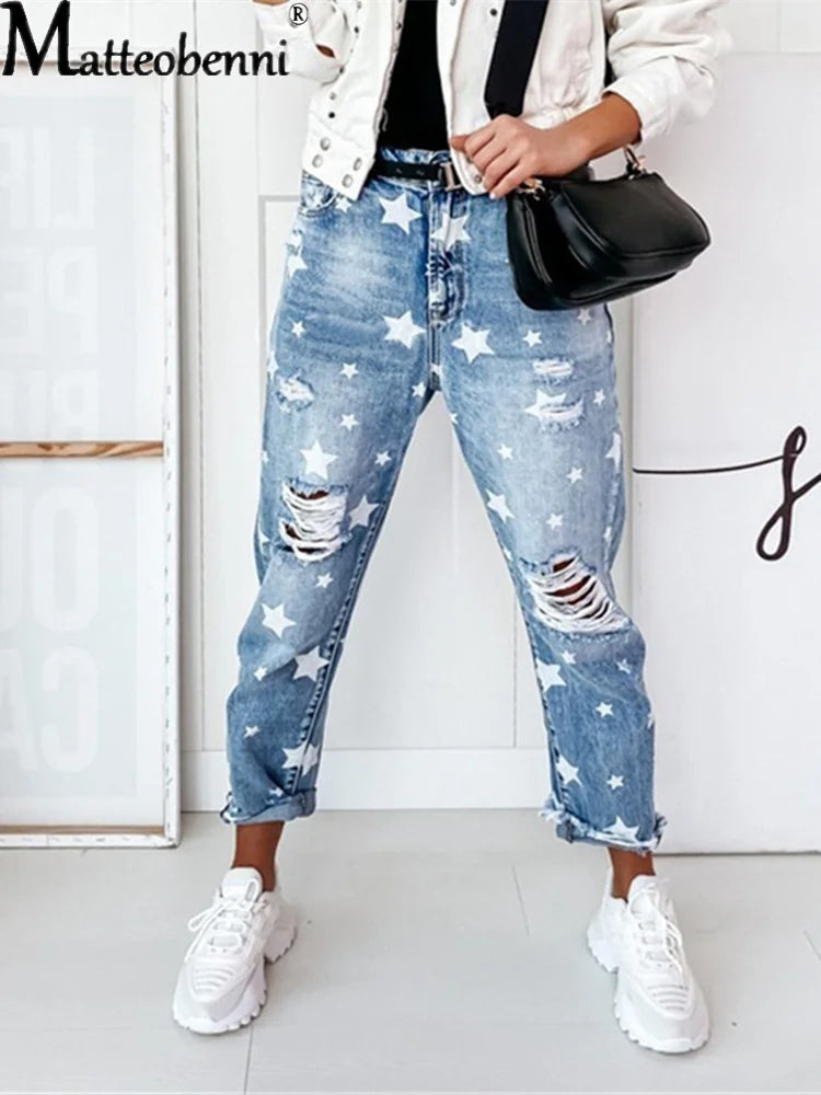 2025 Autumn Boyfriend Jeans - Slim Ripped Jeans with Star Detail