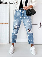 2025 Autumn Boyfriend Jeans - Slim Ripped Jeans with Star Detail
