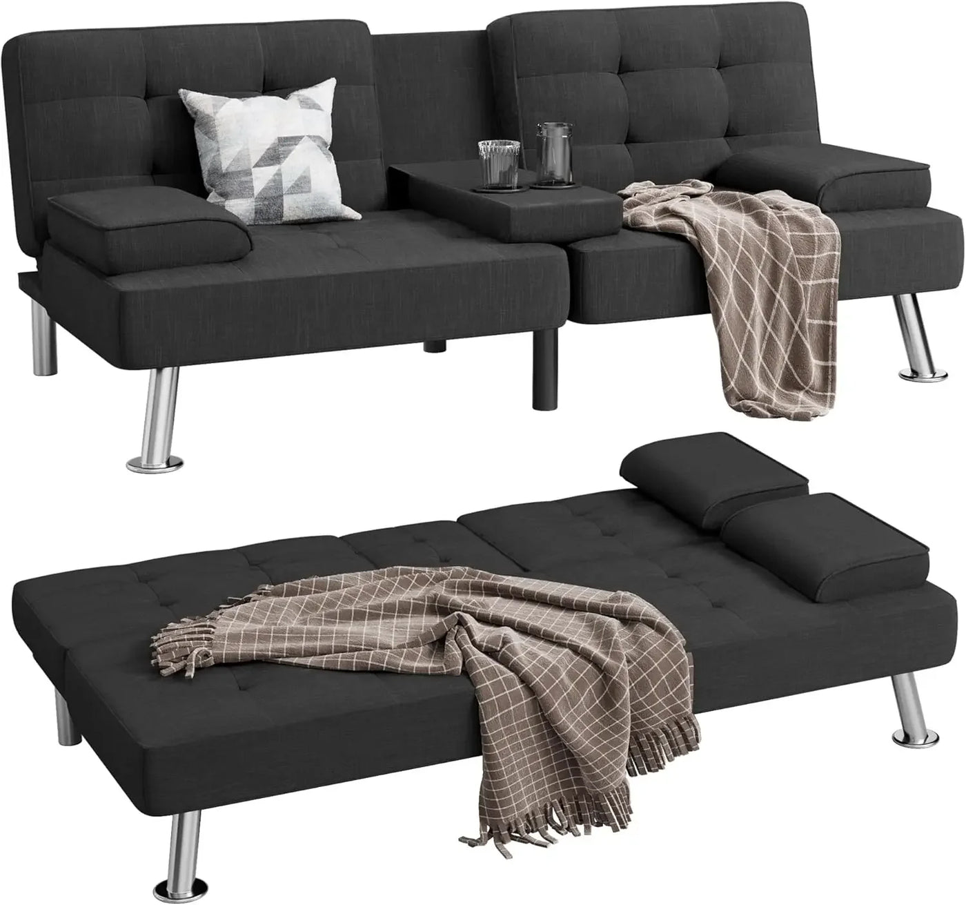 Modern Linen Convertible Futon Sofa Bed with Cup Holders