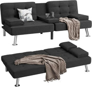 Modern Linen Convertible Futon Sofa Bed with Cup Holders