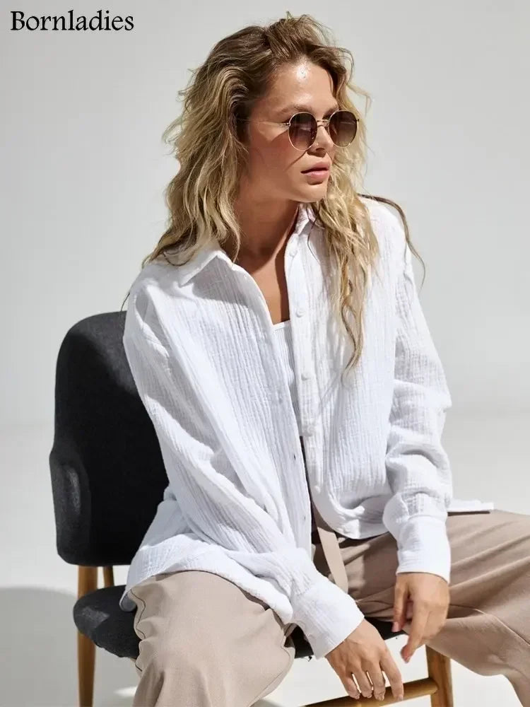 Office Long-Sleeve Cotton Tops Crepe | OWNLUXE