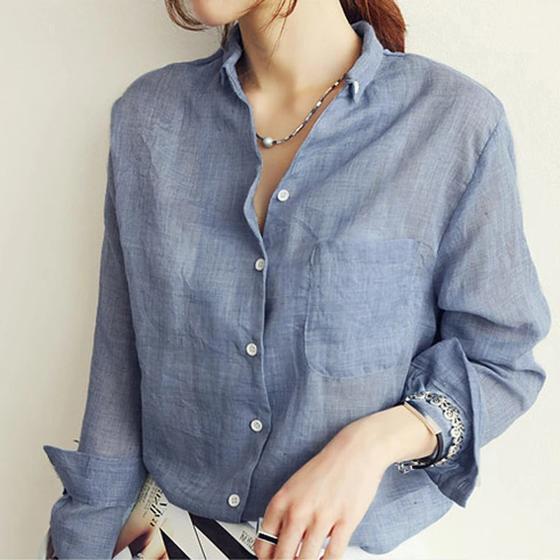 Women's Pleated Cotton-Spandex Blouse – Classic Turn-Down Collar Shirt