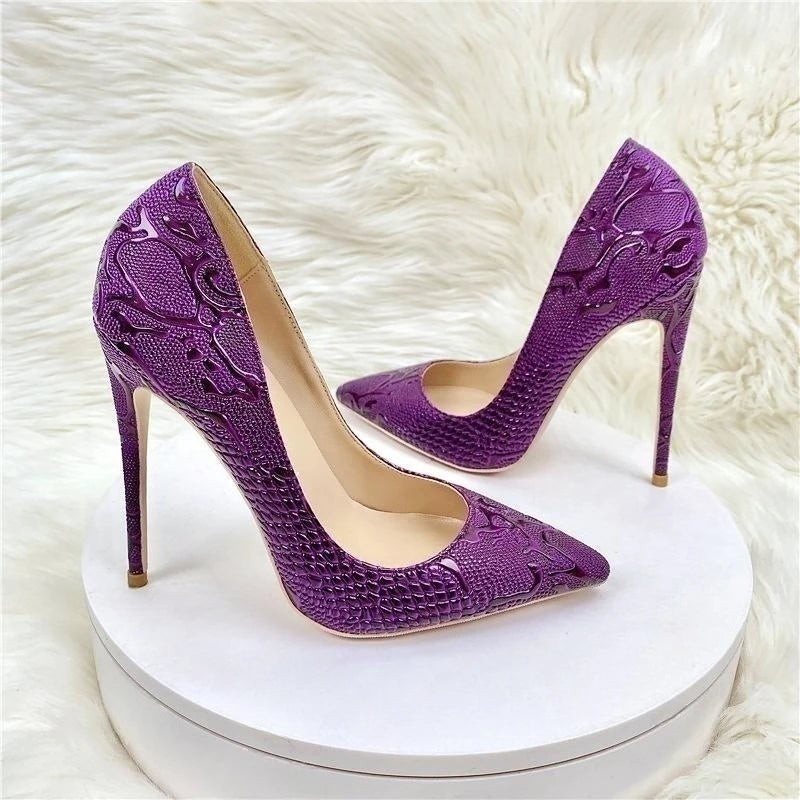 Purple Crocodile Embossed Stiletto Pumps – Pointed Toe Heels