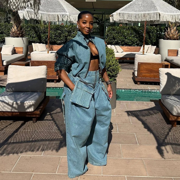 Women's Wide Leg Denim Two Piece Jacket | OWNLUXE