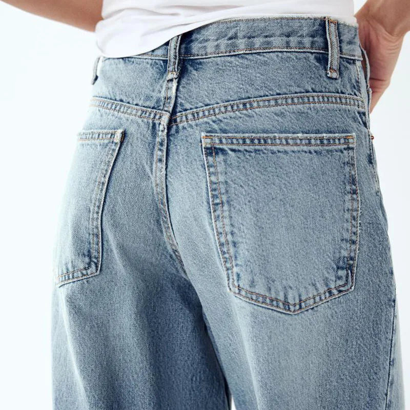 Wide Leg Jeans with Diagonal Buckle - Asymmetrical High Waist Denim