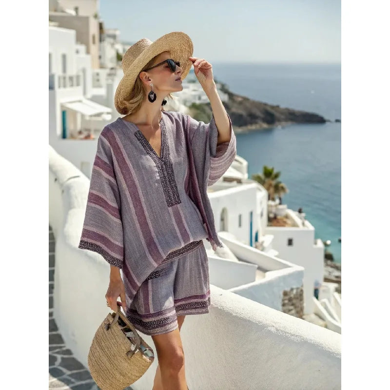 Women's Short Sleeve V-Neck Two Piece Shorts | OWNLUXE