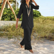 Cotton Linen 2-Piece Outfit Set - Casual V-Neck Shirt & Pants | OWNLUXE