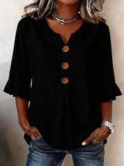 Button Perfect V-Neck Linen Lightweight Blouse | OWNLUXE