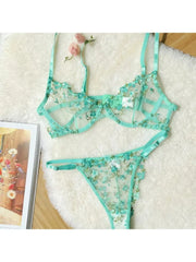 YUQI French Elegant Lingerie Set-Floral Embroidery Semi-Transparent Bra & Brief,Black Sensual Women's Underwear Luxury Intimates