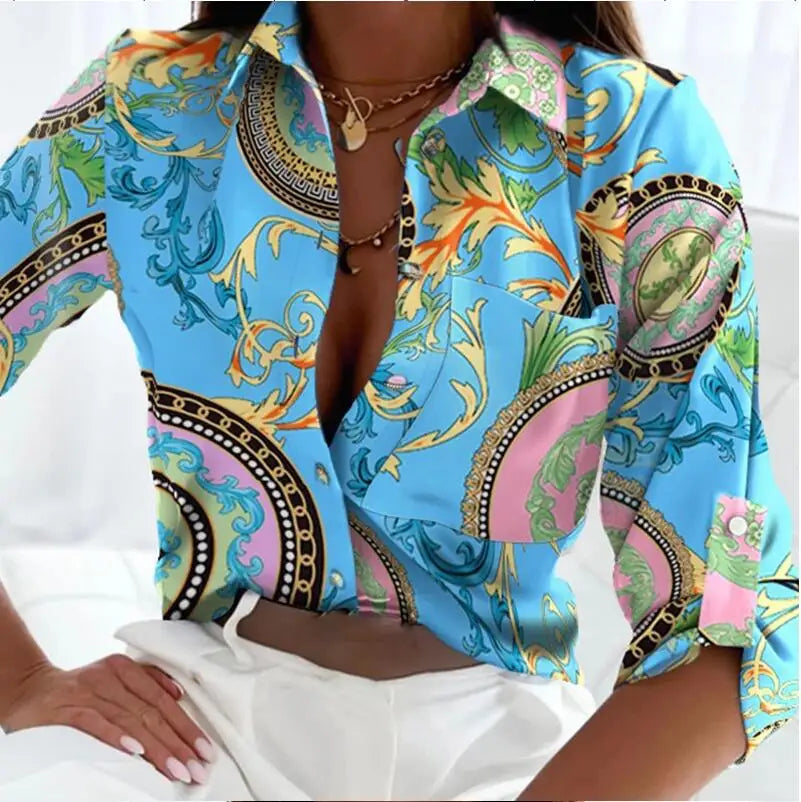 Office Ladies Printed Blouse - Long Sleeve Lapel Shirt