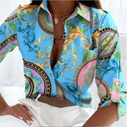 Office Ladies Printed Blouse - Long Sleeve Lapel Shirt
