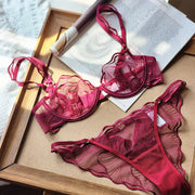 2 Pieces Summer Ultra Thin Breathable Women Underwear Sexy Lace Bra French Mesh Temptation Intimates Lingerie and Briefs Sets