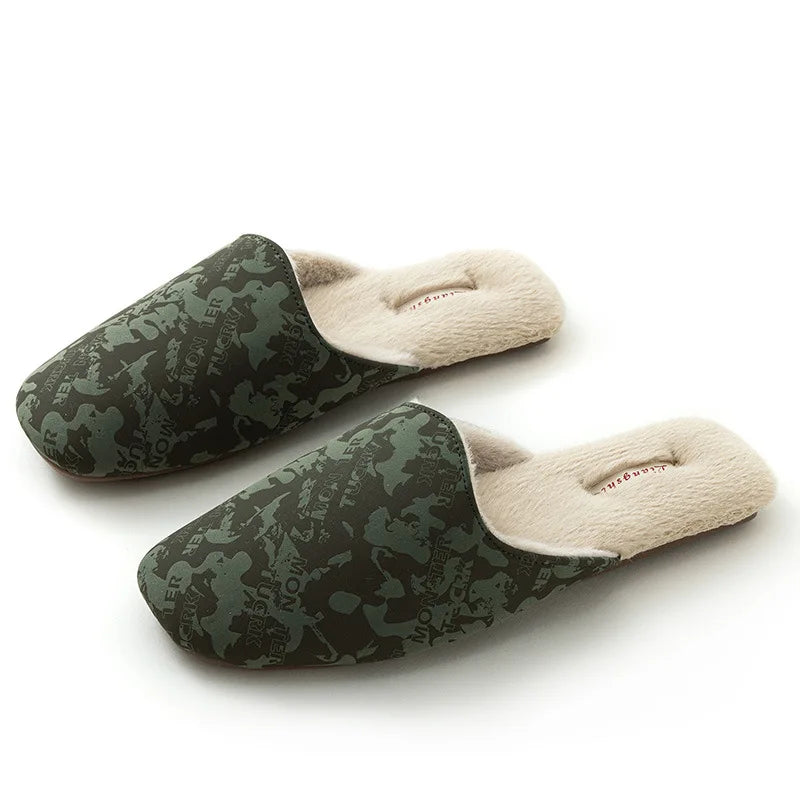Plush Embroidered House Slippers with Rubber Sole